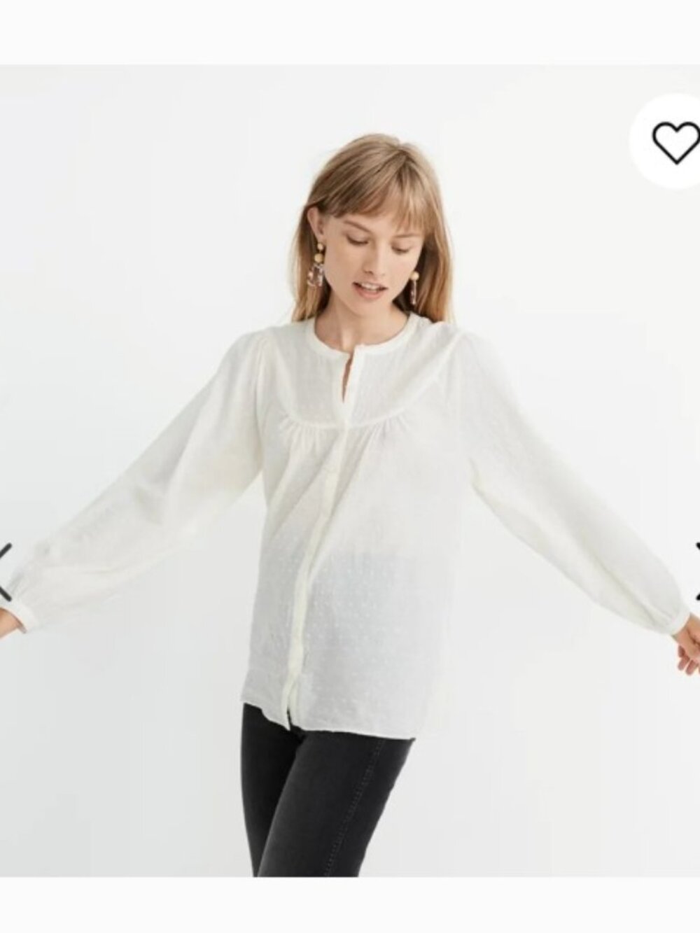 Madewell‎ Women's Ivory Swiss Dot Button-Front Balloon Sleeves Peasant Blouse L